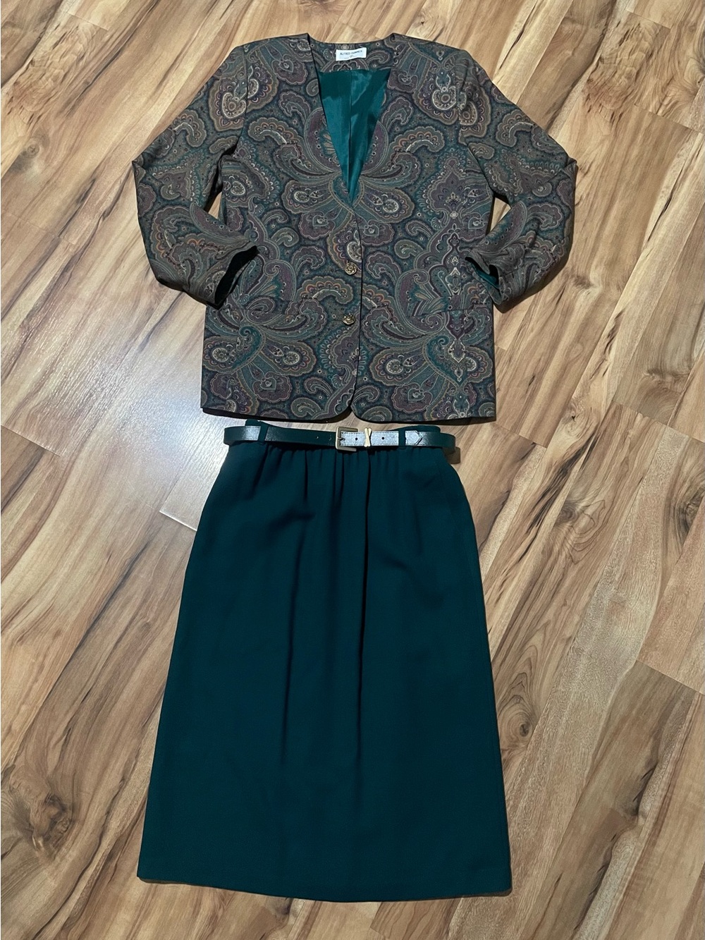 Vtg Alfred Dunner 100% Wool Skirt Suit Set Green Paisley Open Blazer Belt Sz 12